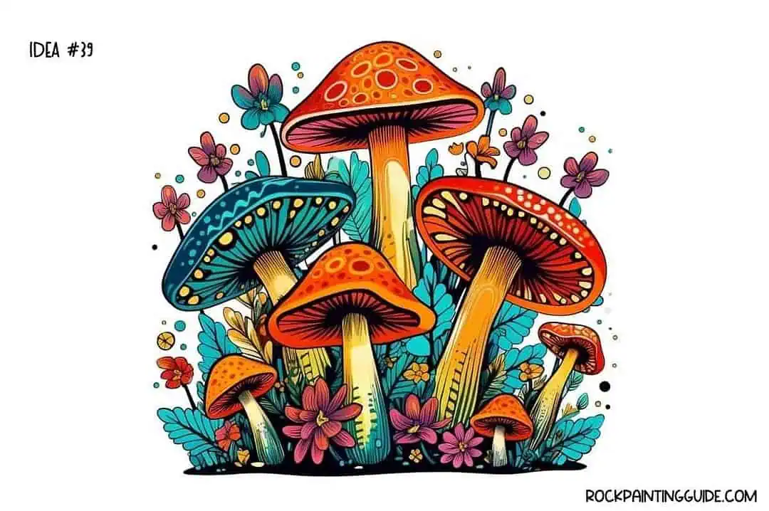 35+ Mushroom Drawing Ideas: Cute, Easy & Whimsical 40 Vibrant mushroom rock painting with flowers and foliage for rock art projects.