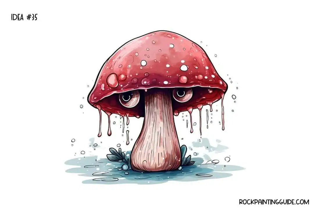 35+ Mushroom Drawing Ideas: Cute, Easy & Whimsical 36 Colorful mushroom with dripping red cap and detailed stem for rock painting art.