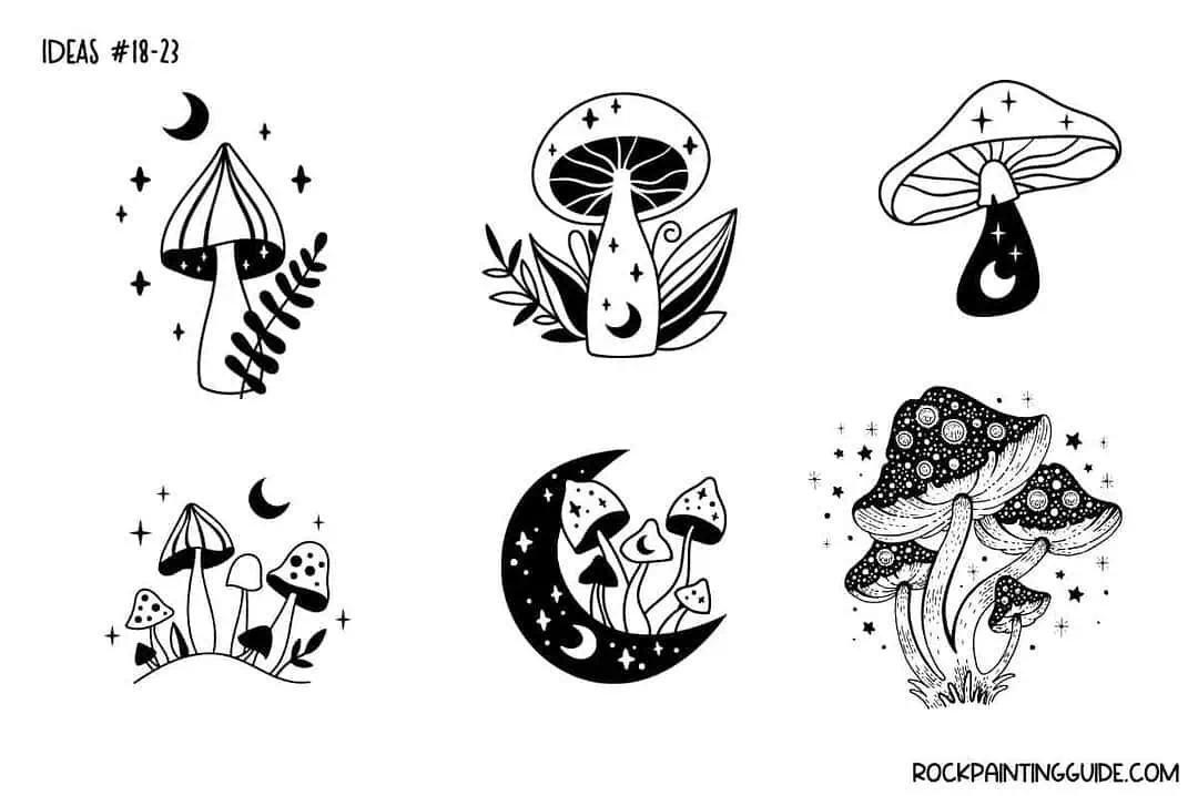 35+ Mushroom Drawing Ideas: Cute, Easy & Whimsical 25 Set of six black and white mystical mushroom and fairy illustrations for rock painting.