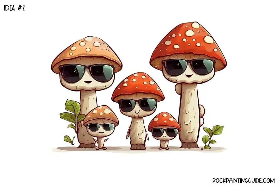 35+ Mushroom Drawing Ideas: Cute, Easy & Whimsical 5 Cartoon mushroom family with sunglasses and plants for rock painting art.