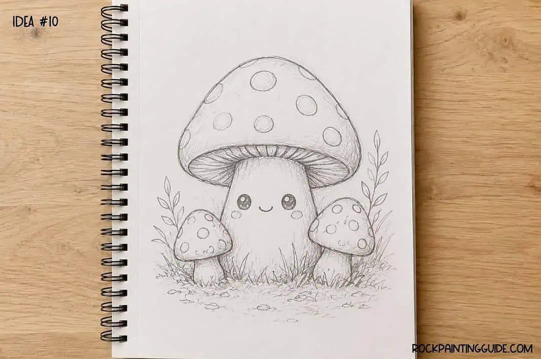 35+ Mushroom Drawing Ideas: Cute, Easy & Whimsical 13 Hand-drawn mushroom with smiling face and smaller mushrooms in a sketch style.