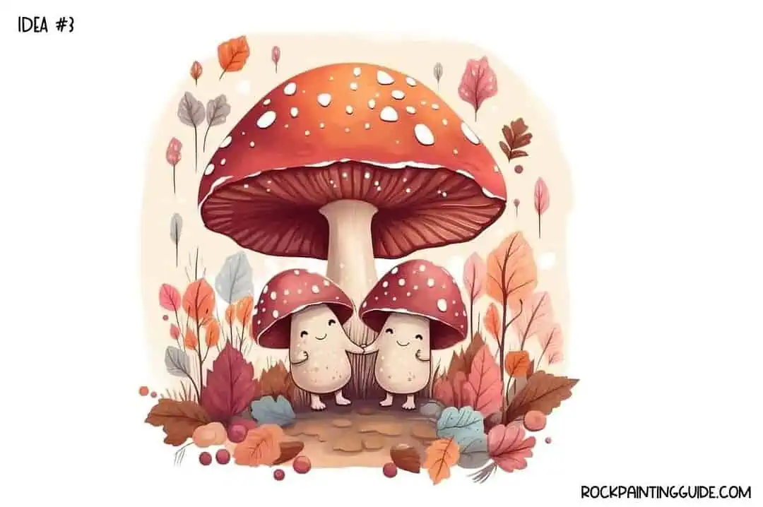 35+ Mushroom Drawing Ideas: Cute, Easy & Whimsical 6 Cute mushroom characters with smiling faces in autumn forest scene.