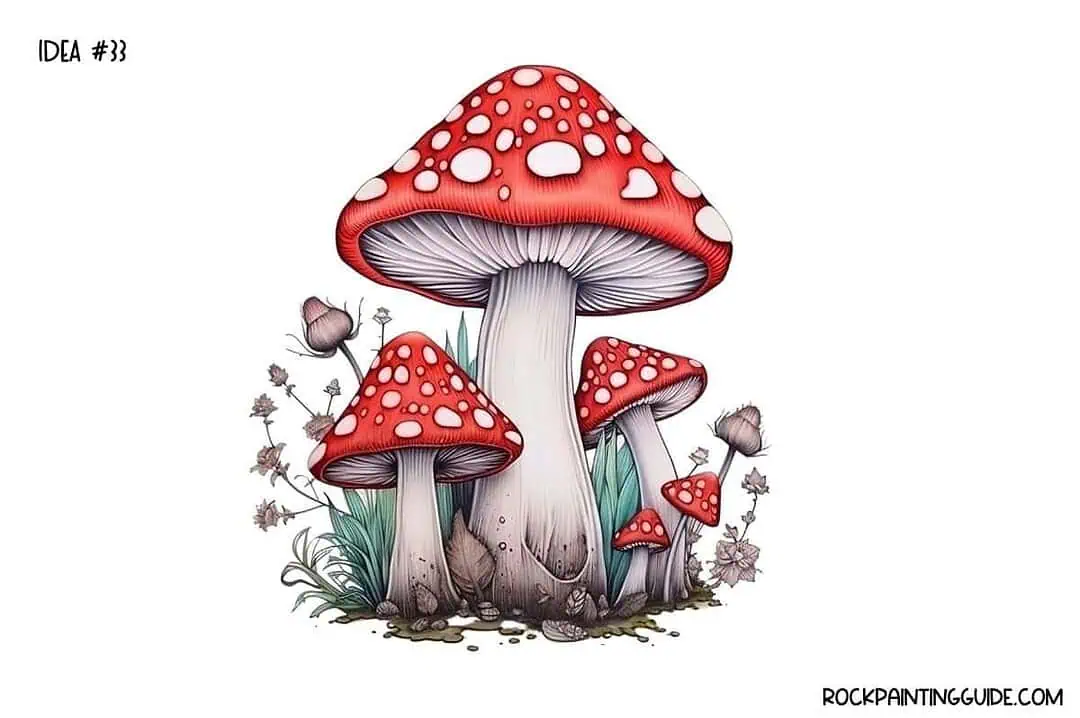 35+ Mushroom Drawing Ideas: Cute, Easy & Whimsical 34 Detailed illustration of red and white mushrooms with surrounding plants.