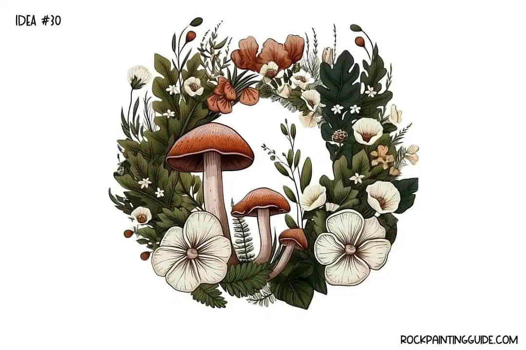 35+ Mushroom Drawing Ideas: Cute, Easy & Whimsical 31 Detailed mushroom and flower rock painting with greenery and natural elements.