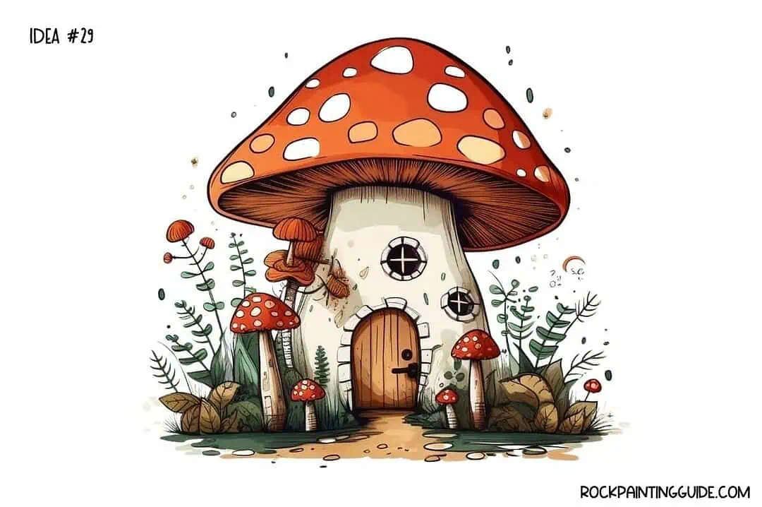 35+ Mushroom Drawing Ideas: Cute, Easy & Whimsical 30 Colorful mushroom house with smaller mushrooms and greenery, fantasy style.