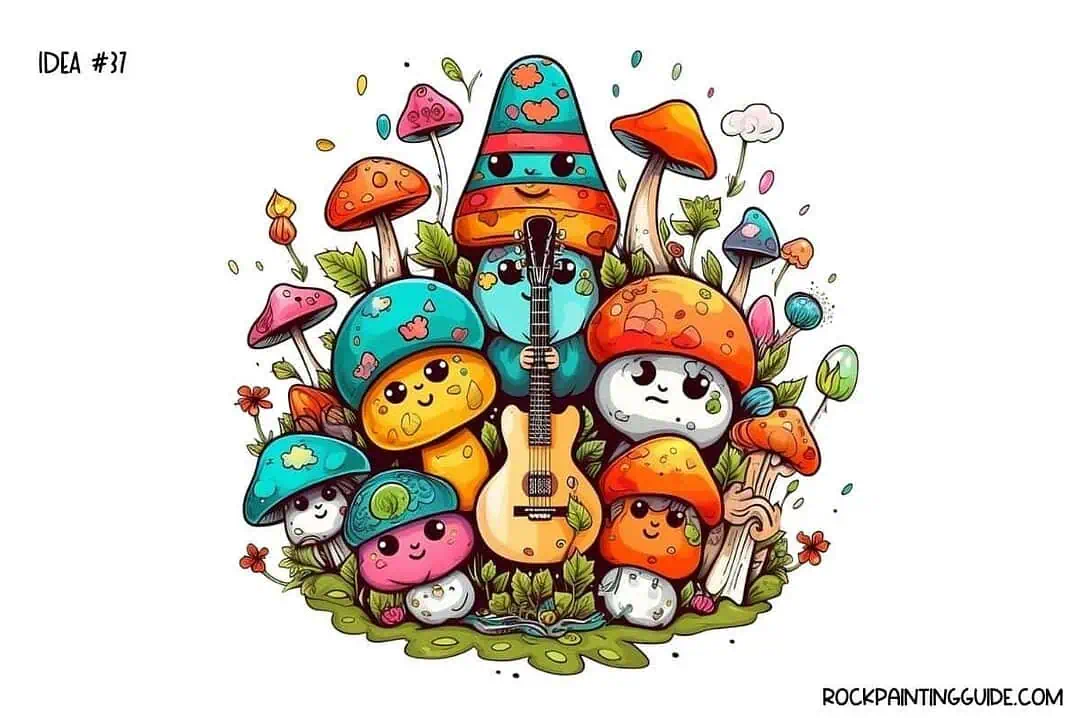 35+ Mushroom Drawing Ideas: Cute, Easy & Whimsical 38 Vibrant mushroom-themed rock painting with a guitar and whimsical design.