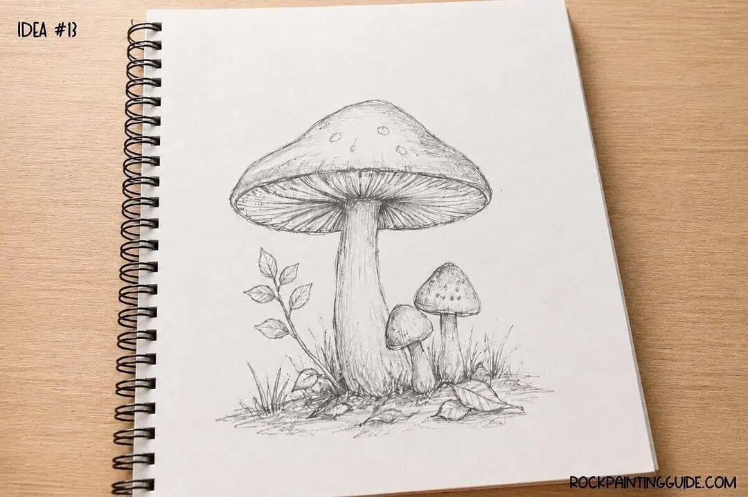 35+ Mushroom Drawing Ideas: Cute, Easy & Whimsical 16 Pencil sketch of mushrooms on a notebook page for rock painting ideas.