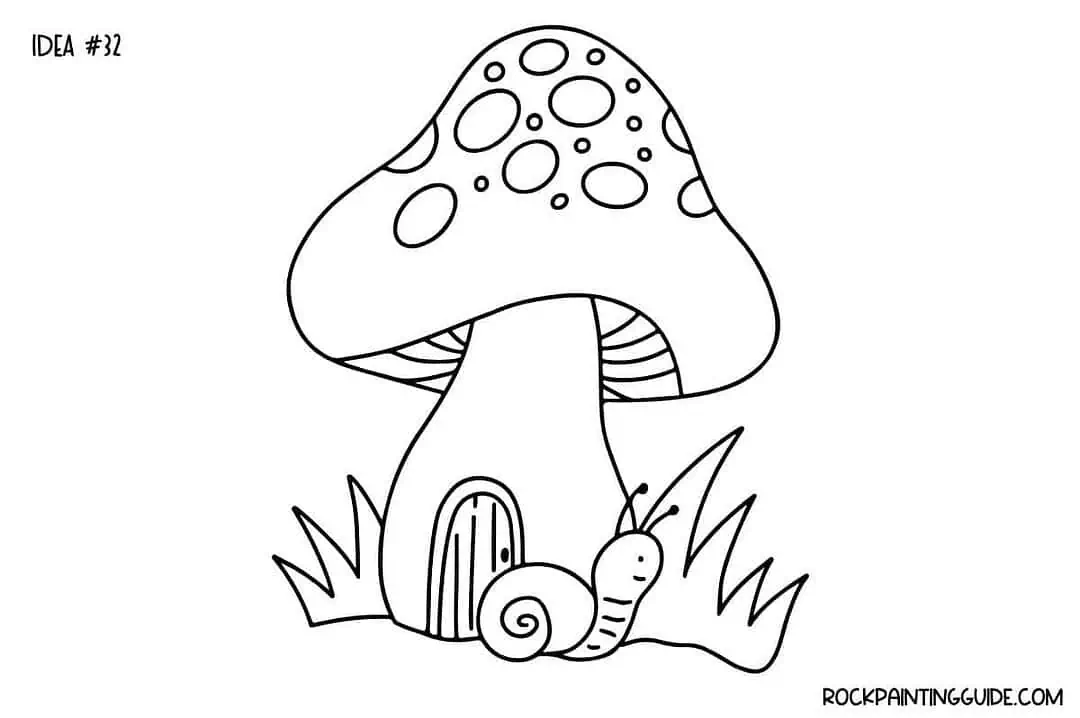35+ Mushroom Drawing Ideas: Cute, Easy & Whimsical 33 Black and white mushroom and snail coloring page for kids and adults.