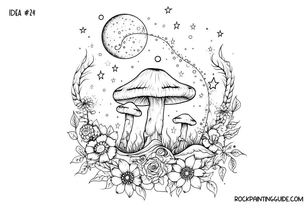 35+ Mushroom Drawing Ideas: Cute, Easy & Whimsical 26 Black and white mushroom and floral rock painting sketch for art projects.