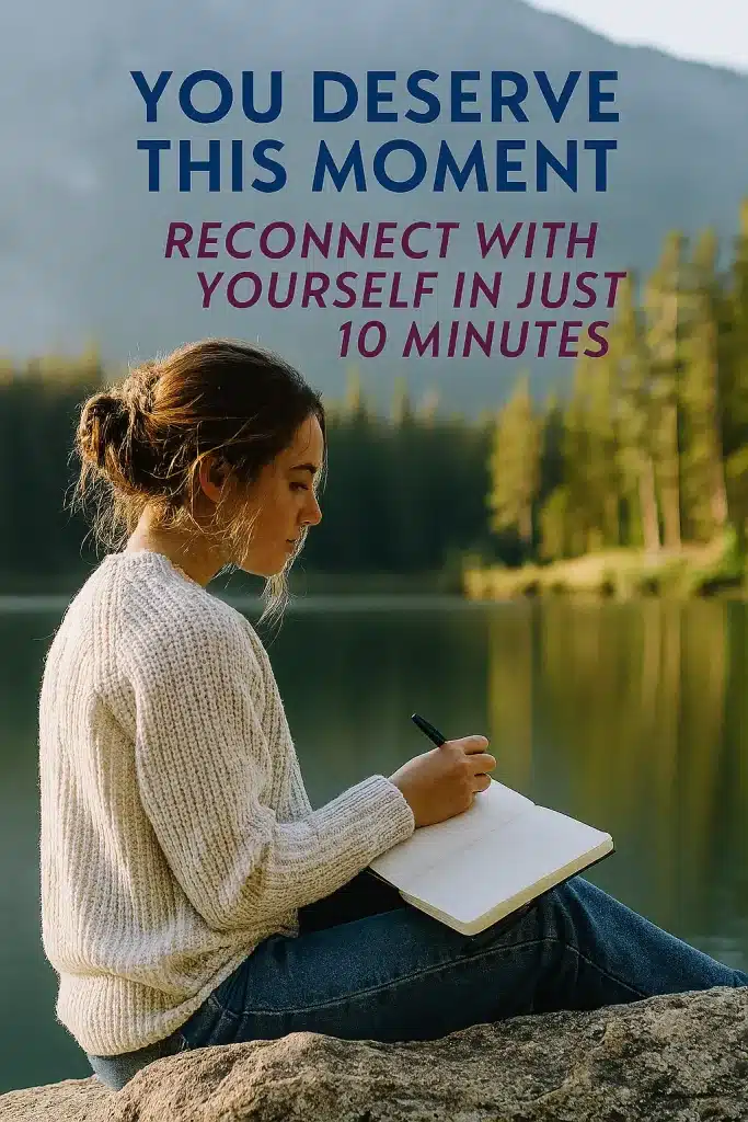 Woman writing by serene lake