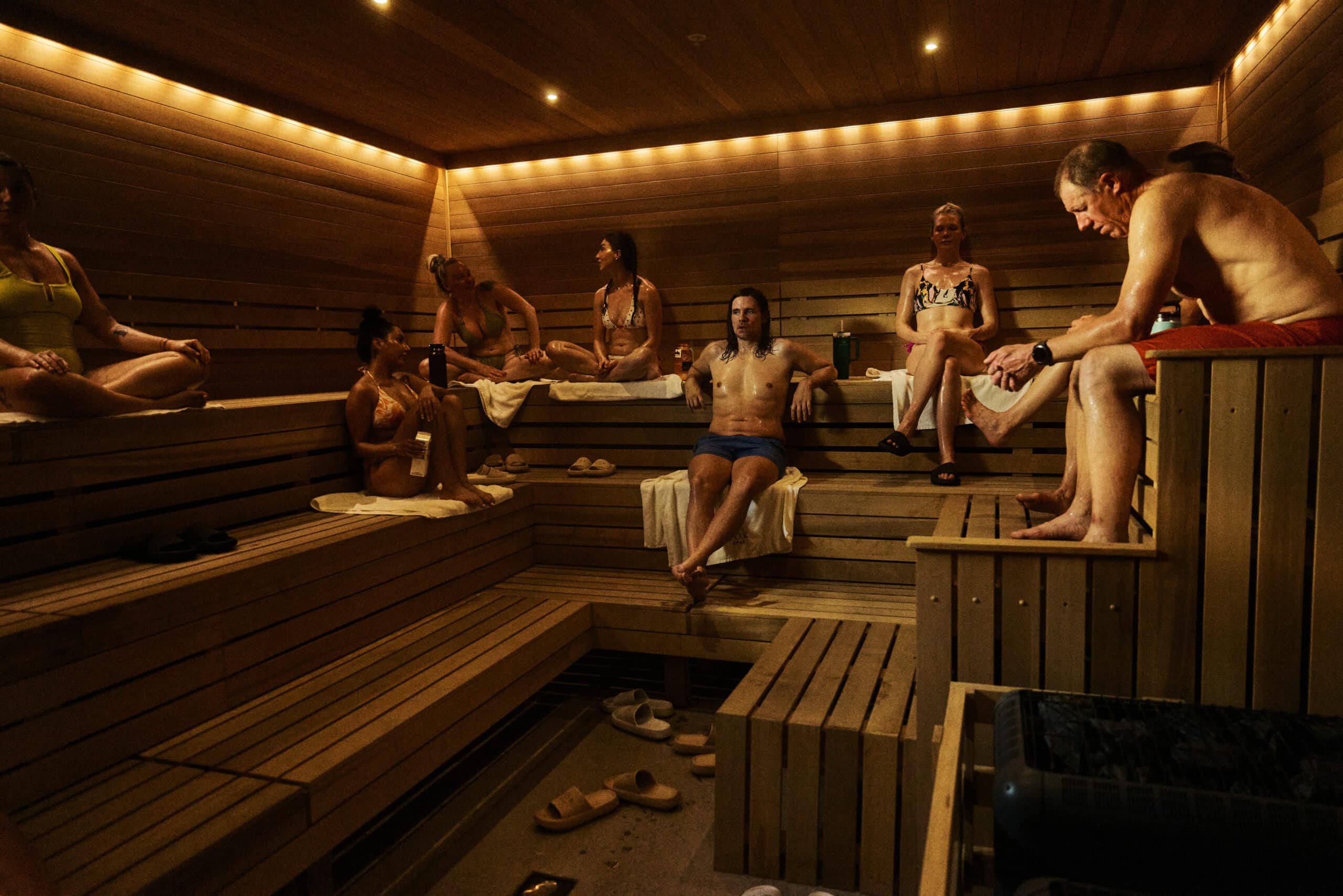 Friends gathered for a traditional Nordic sauna session at ROK SPAS in Denver, Colorado