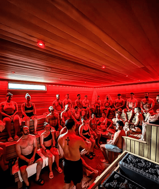 Guests enjoying a group Nordic sauna session at ROK SPAS in Denver Colorado
