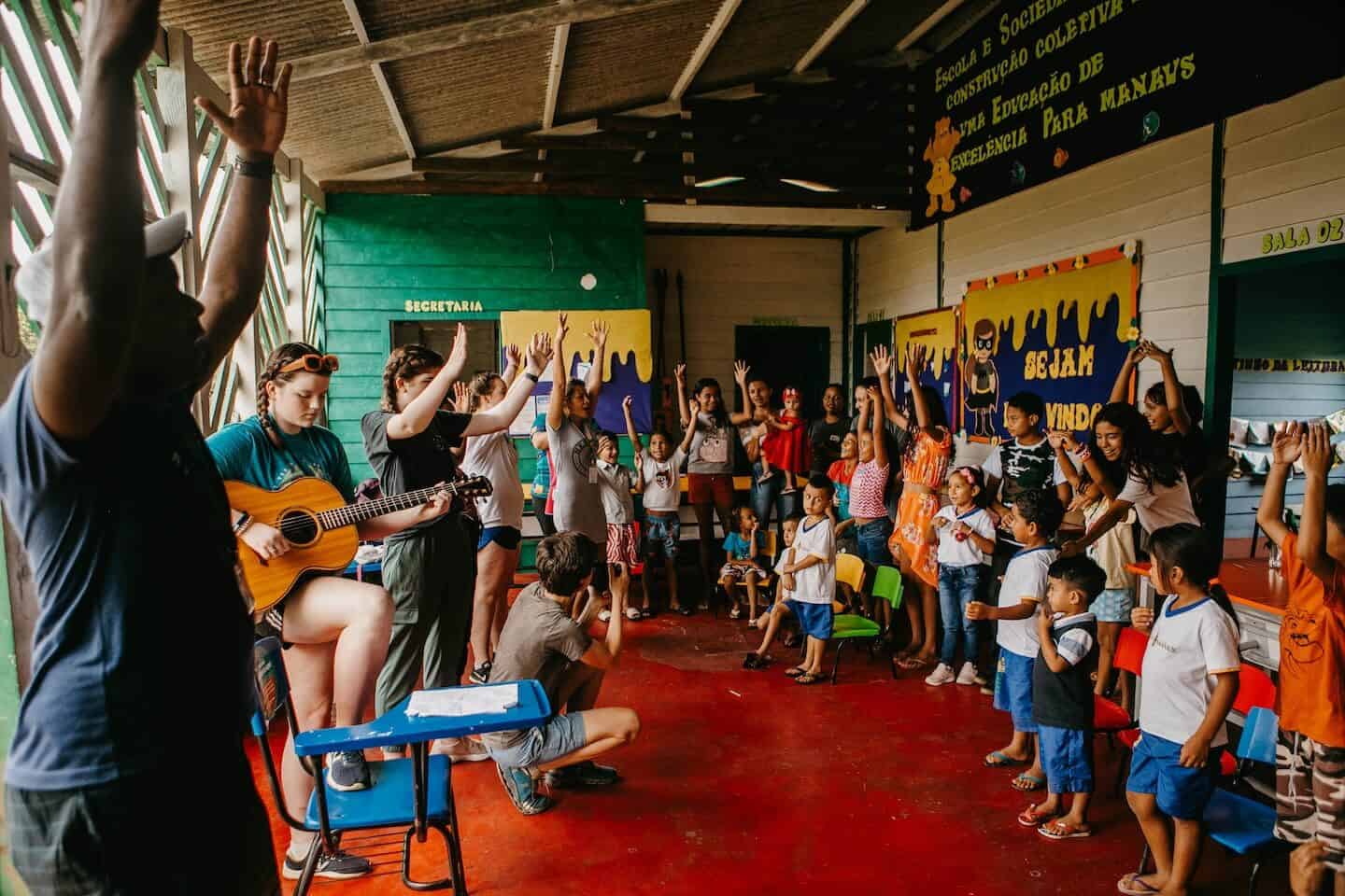 Children’s worship service at Rolling Hills Community Church with music and prayer.