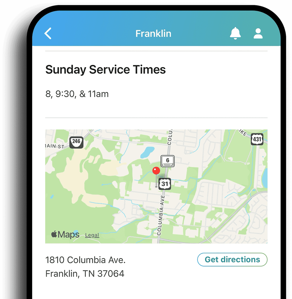 Map of Rolling Hills Community Church location in Franklin, Tennessee.