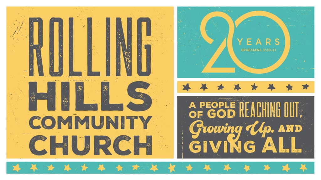 Rolling Hills Community Church logo with 20 years of faith and growth.