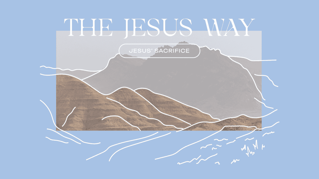 Mountain landscape illustrating Jesus' sacrifice with stylized lines and natural tones.