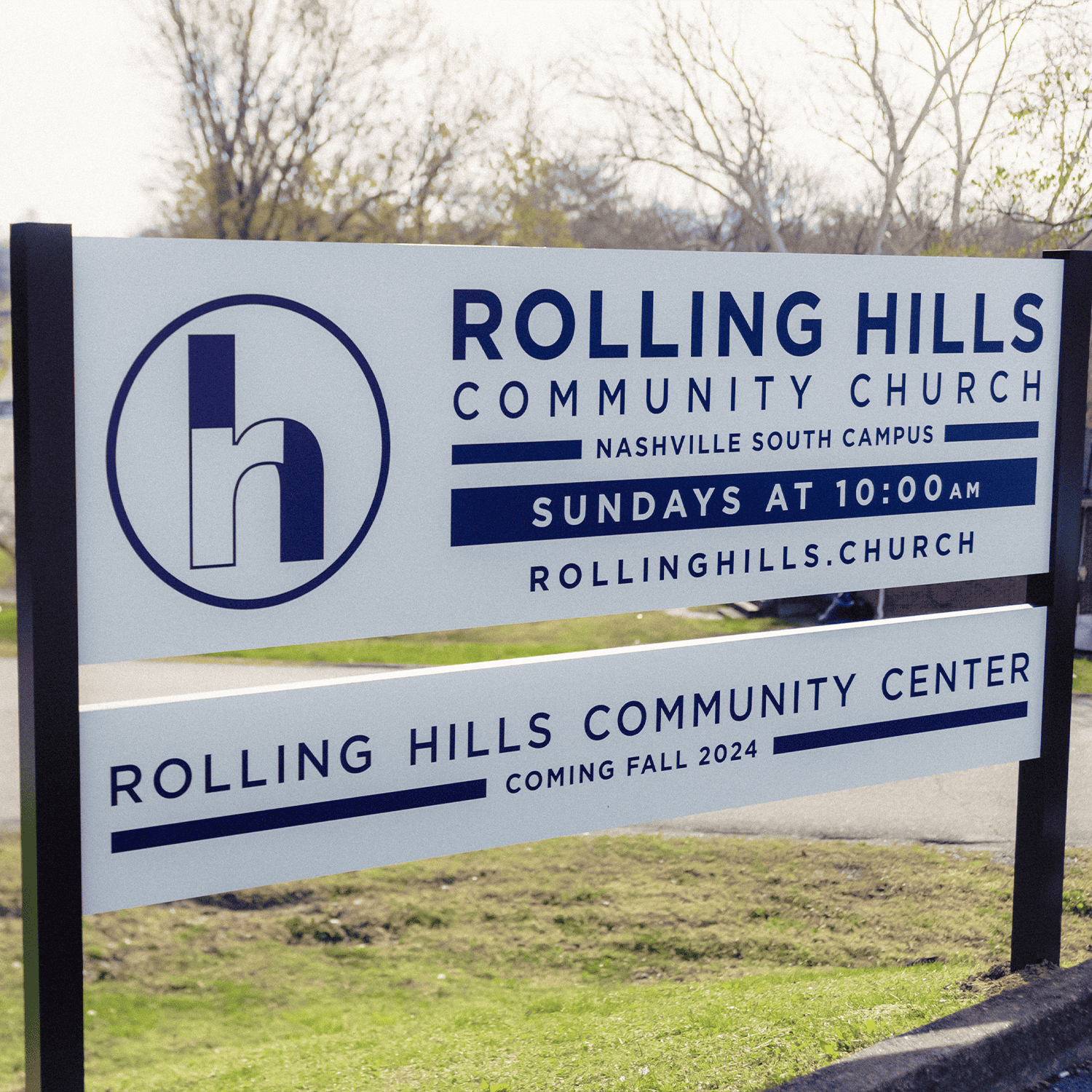 Rolling Hills Community Church sign with service details and upcoming center opening.