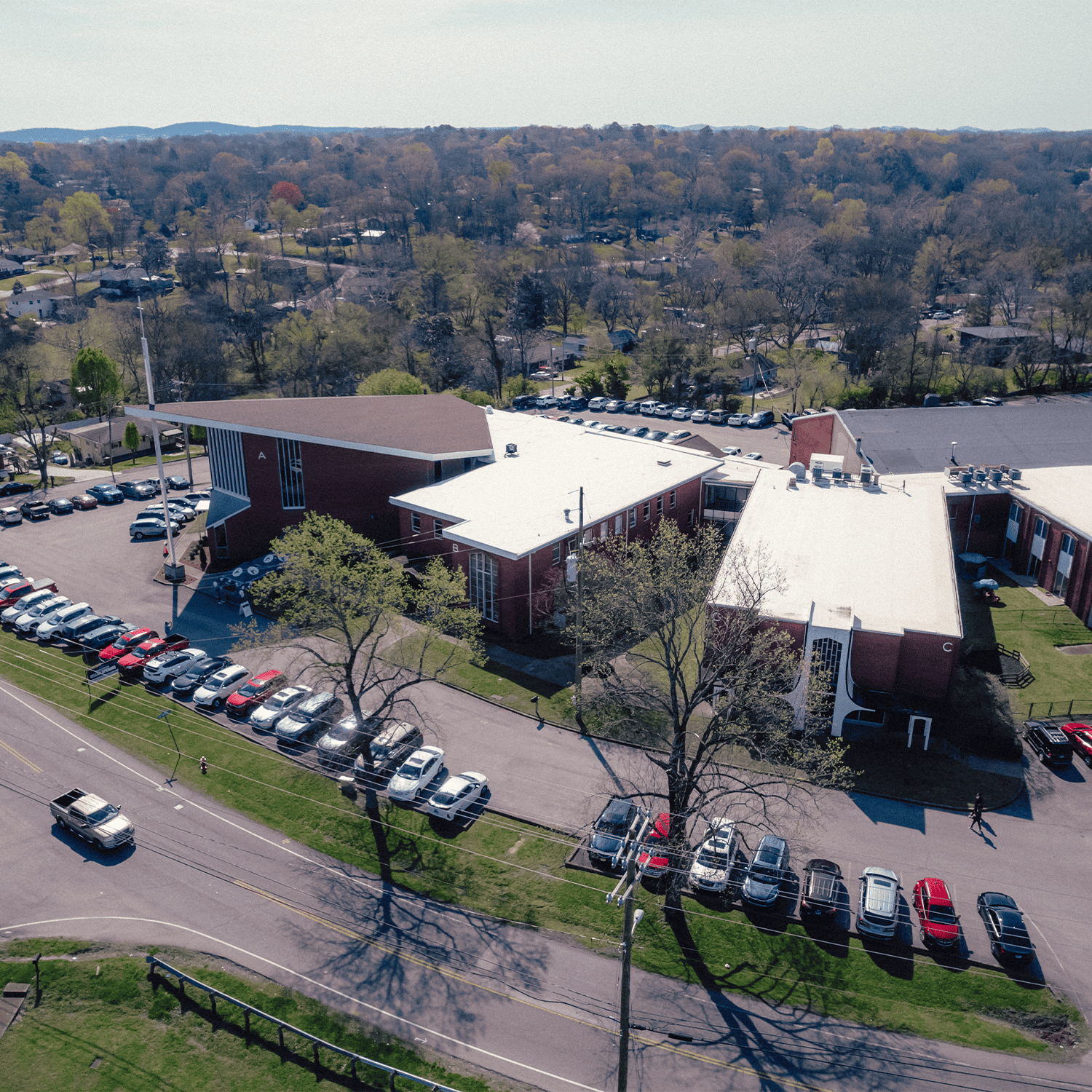 Aerial view of Rolling Hills Community Church building and parking lot.