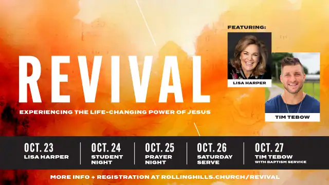 Revival event at Rolling Hills Community Church with speakers Lisa Harper and Tim Tebow.