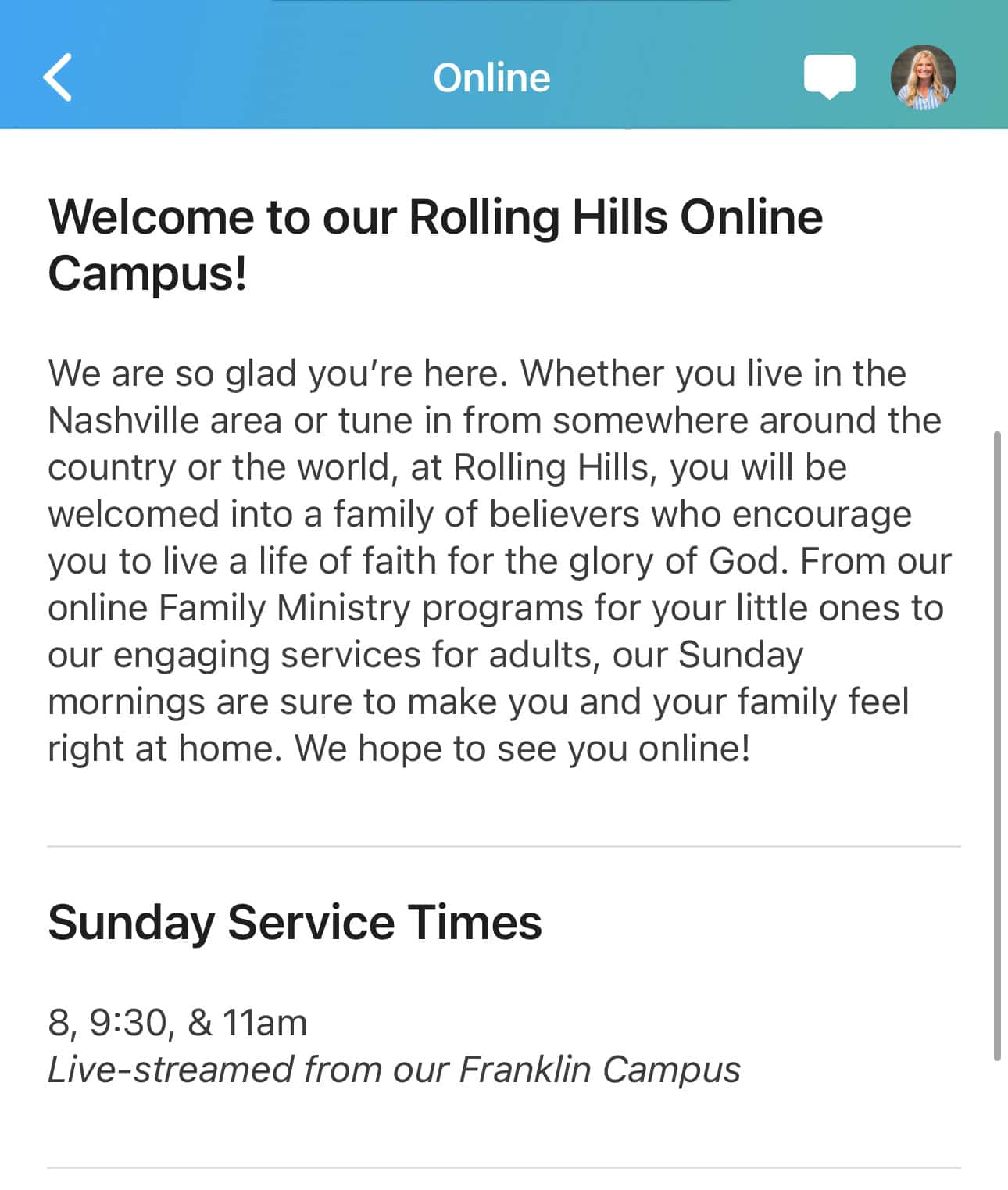 Online church service at Rolling Hills Community Church.