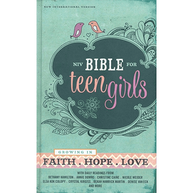 Teen girls' Bible focusing on faith, hope, and love for spiritual growth.