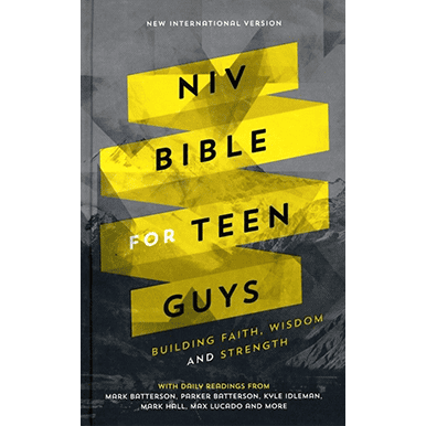 Cover of the Bible for teen guys featuring bold yellow and black design, emphasizing faith and stren.