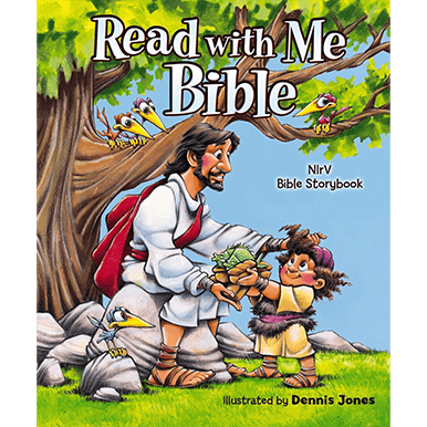 Children's Bible storybook featuring Jesus and kids under a tree.