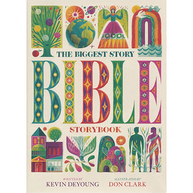 Colorful illustration of the Bible storybook cover with vibrant images and title.
