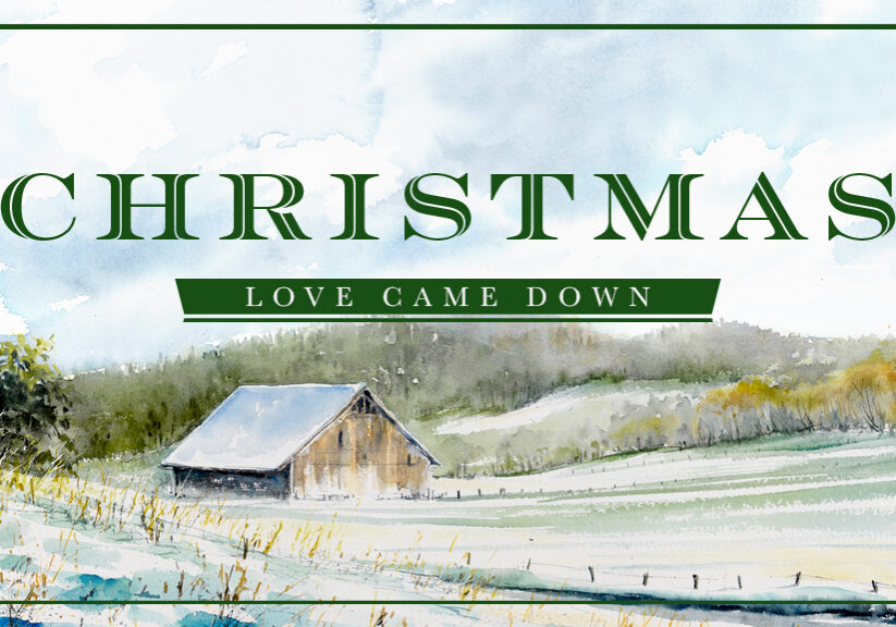Christmas scene with a rustic barn and snowy landscape at Rolling Hills Community Church.