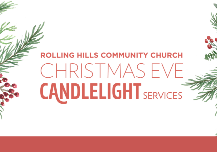 Christmas Eve candlelight service at Rolling Hills Community Church with festive greenery.