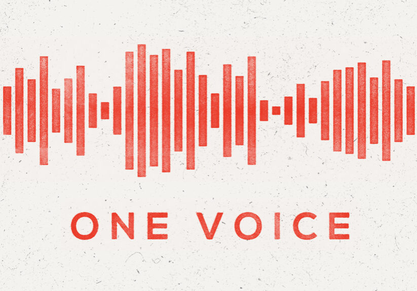 Community church worship soundwave with the phrase One Voice in red text.