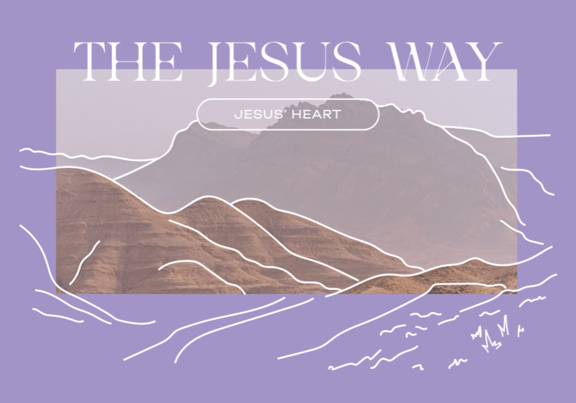 Scenic mountain landscape with Jesus Heart illustration, promoting faith and community at Rolling Hi.