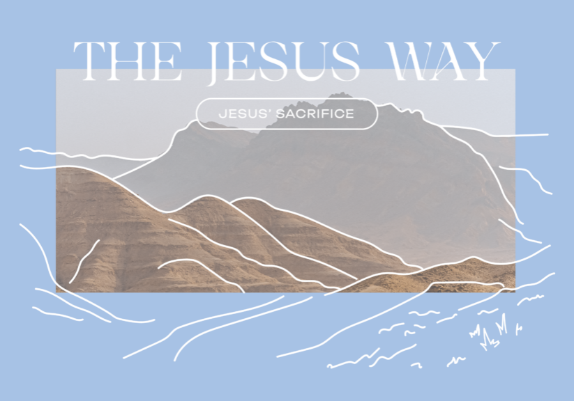 Mountain landscape illustrating Jesus' sacrifice with stylized lines and natural tones.