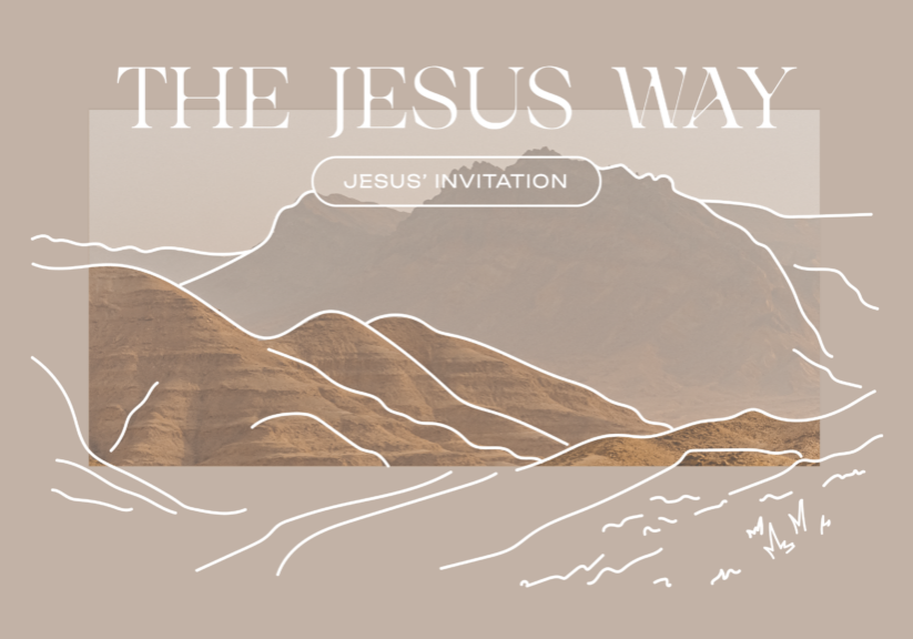 Illustration of mountains with "The Jesus Way" text, inviting faith and community.