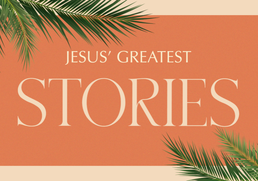 Jesus' greatest stories with a warm, inviting background and tropical palm leaves.