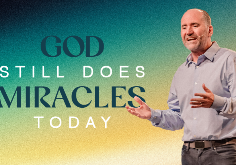 Man speaking with uplifting message "God Still Does Miracles Today" at Rolling Hills Church.