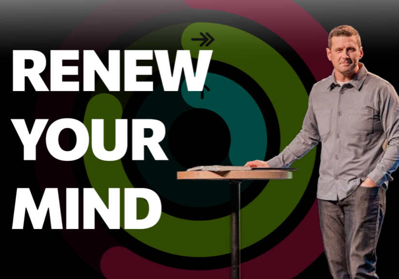 Man speaking at a church event with "Renew Your Mind" message, community faith, spiritual growth.