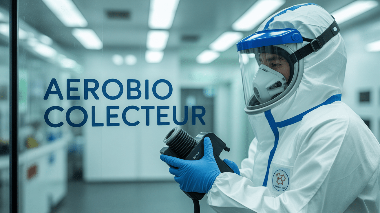 Laboratoire avec aérobiocollecteur et personnel en tenue stérile