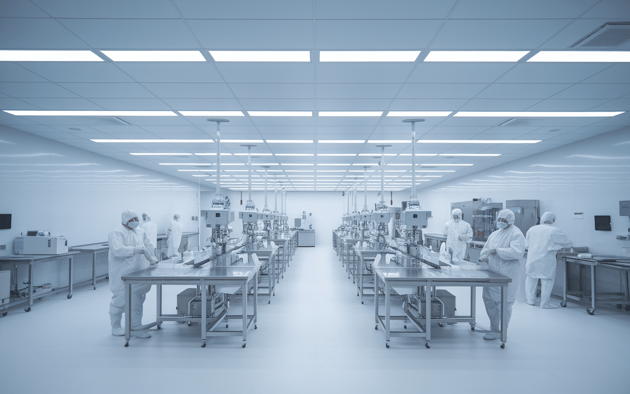 Salle blanche avec aérobiocollecteur et technicien en combinaison