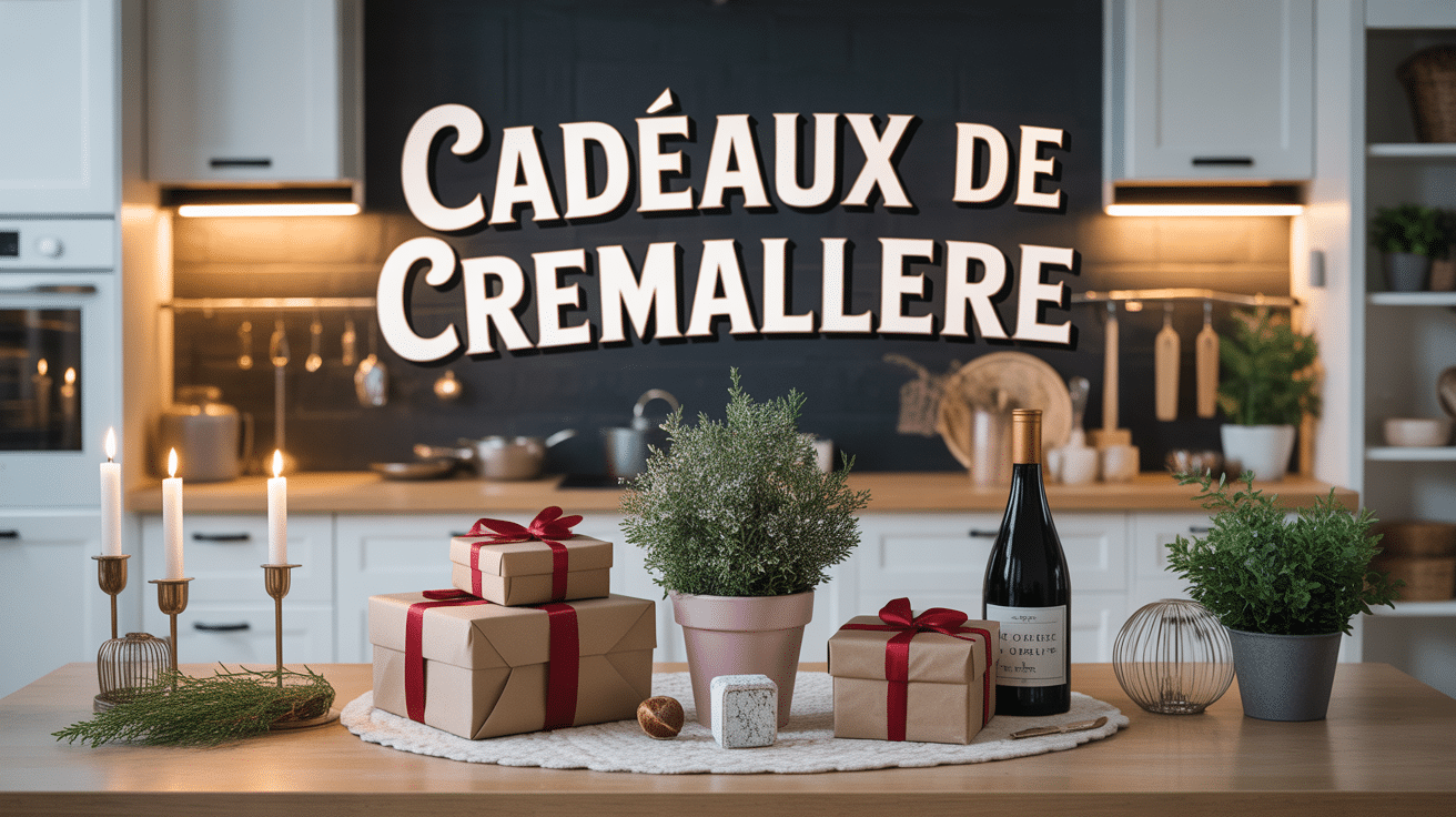 Table avec cadeaux de crémaillère stylisés