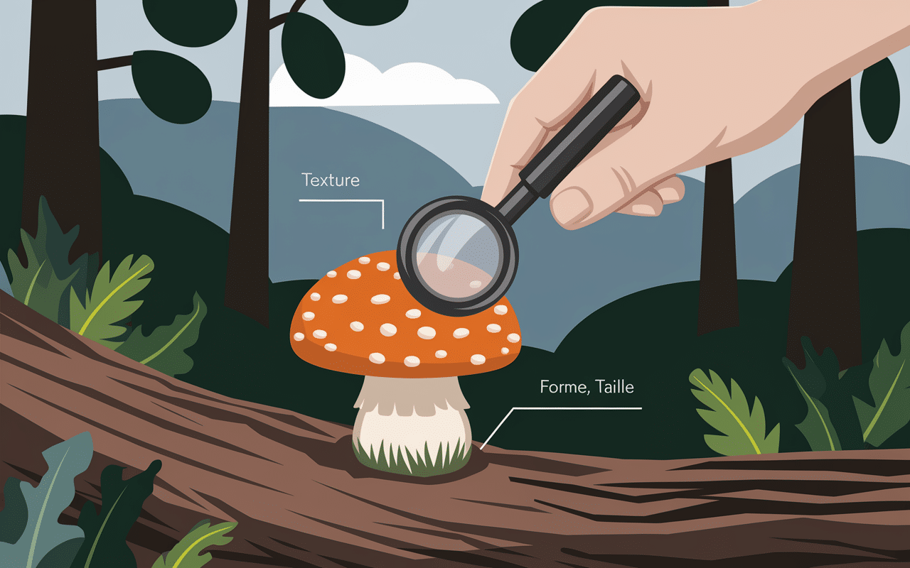 Loupe examinant champignon orange sur bois mort