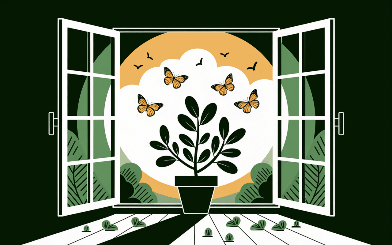 Chenille dans la maison fenêtre verte