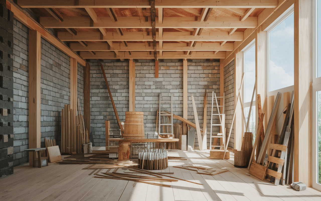 chantier maison hacienda matériaux naturels briques et bois