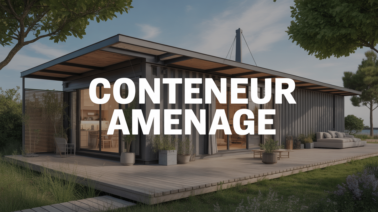 Photo conteneur aménagé moderne avec terrasse et végétation