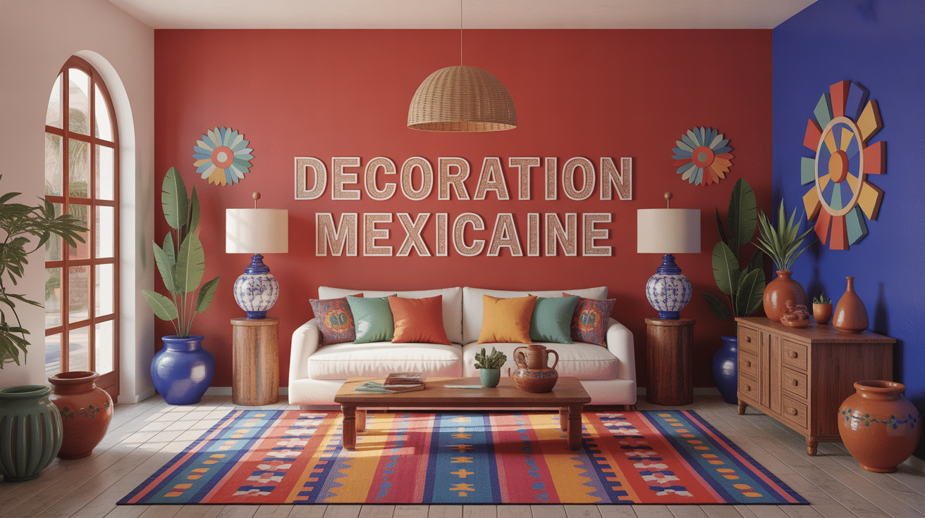 salon deco mexicaine avec murs rouges bleus meubles bois et coussins brodés