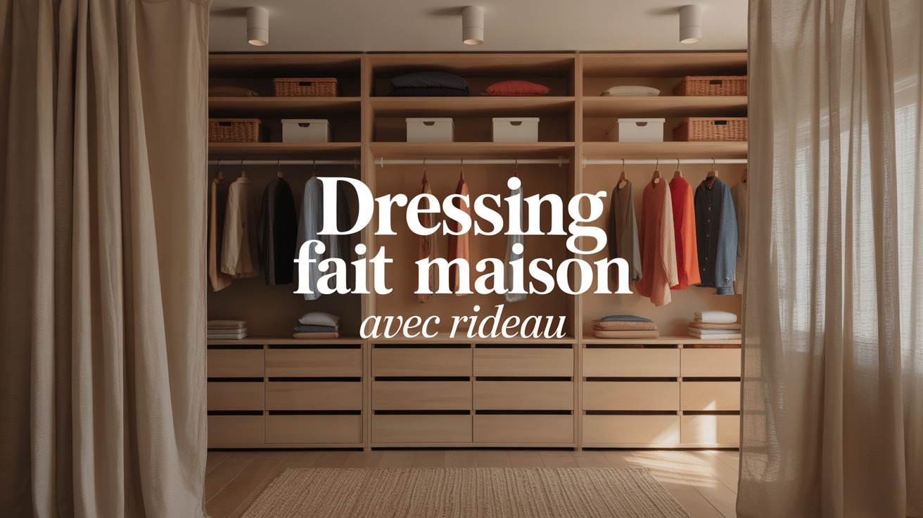 dressing fait maison avec rideau moderne et structure bois clair