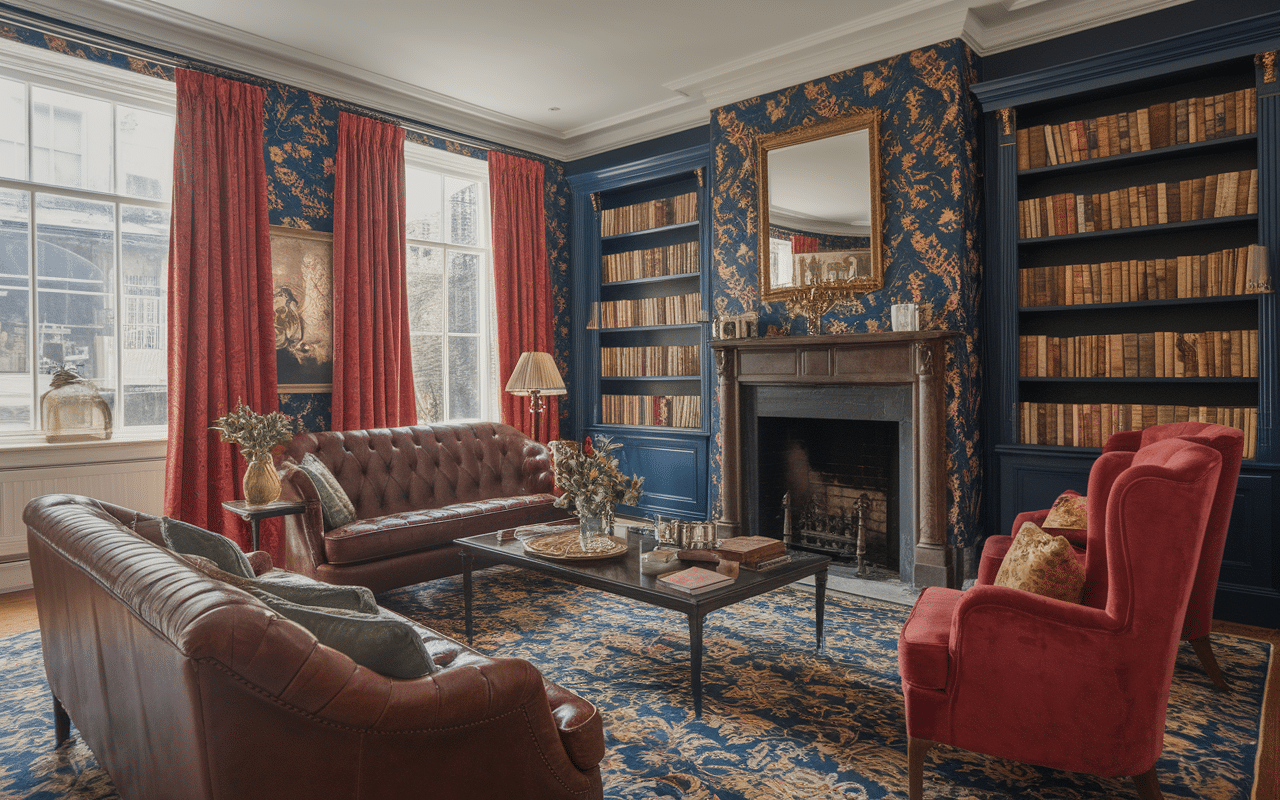 maison anglaise typique salon cosy cheminée bibliothèque