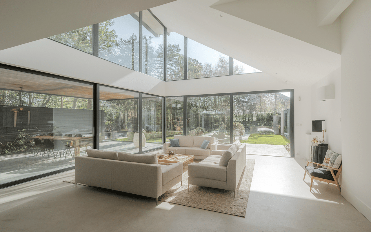 salon lumineux maison en l avec baies vitrées