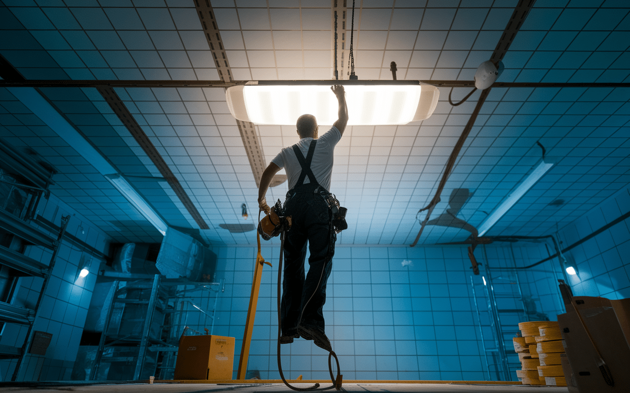 Installation luminaire hauteur sous plafond 5m professionnel