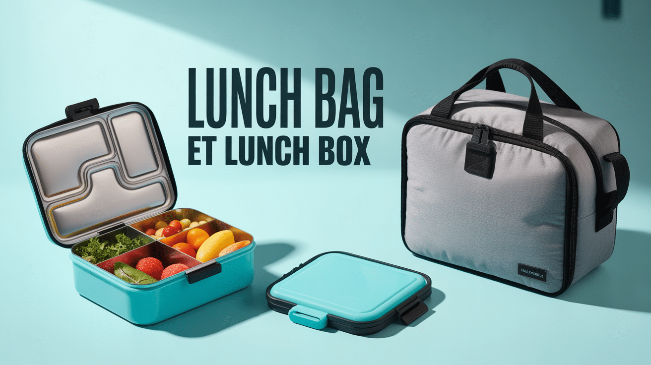 Lunch bag and lunch box ouverts avec aliments frais sur fond clair